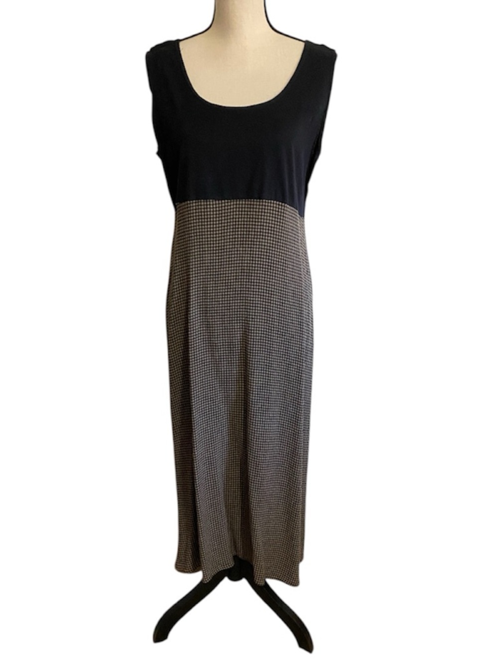 Vintage 90s Colorblock Maxi A-Line Dress Black Brown Check Cottagecore Teacher